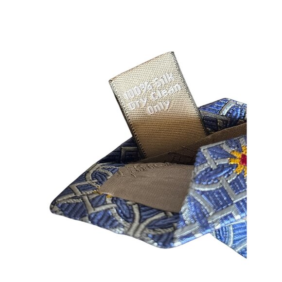 Hickey Freeman Blue Silk Tie With Geometric Yellow & Red Pattern Made In USA - Picture 5 of 7